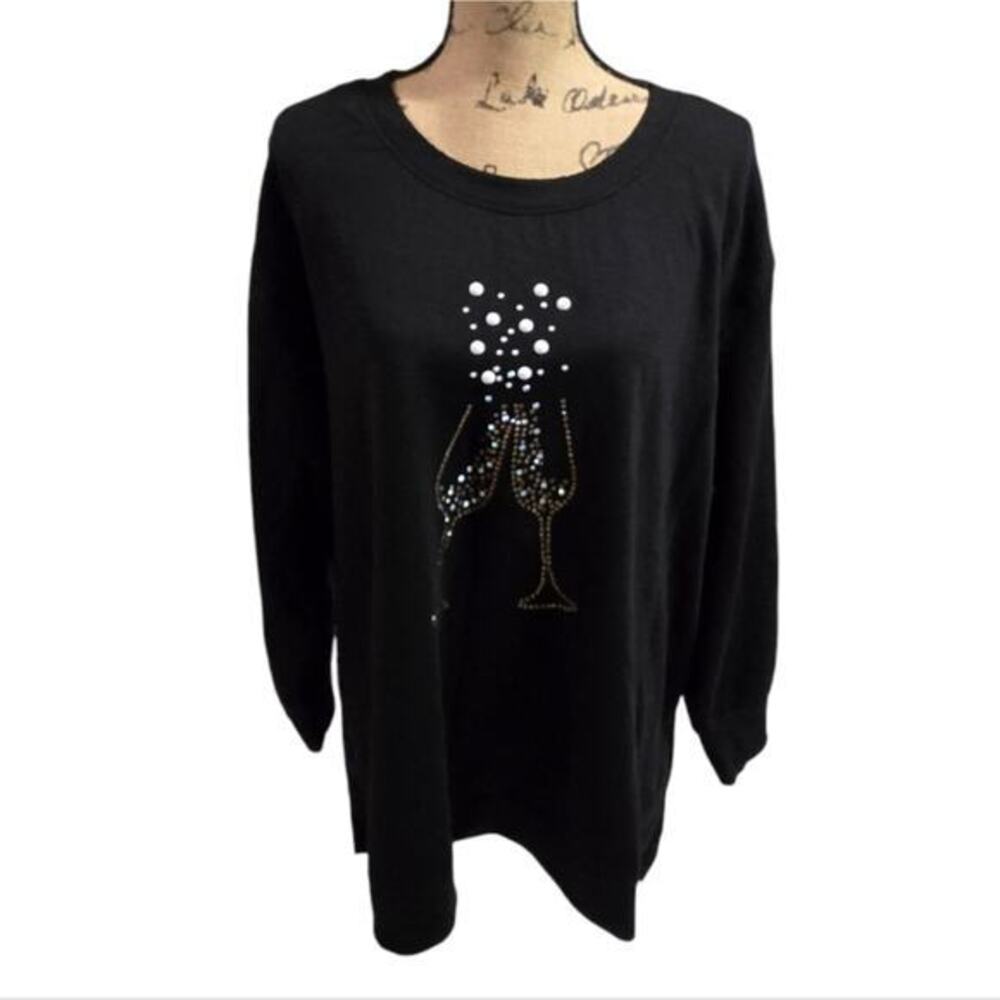 Jane + Delancey Black Sequin Rhinestone Champagne Glasses Long Sleeve Top 3X New